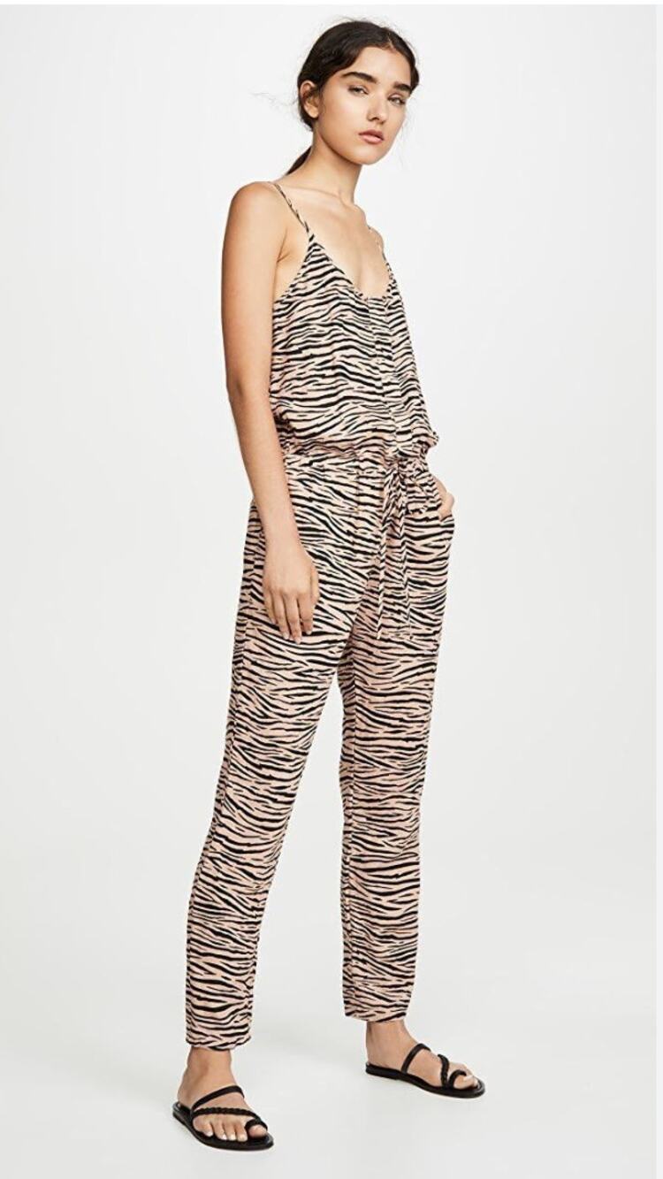 Enza Costa Jumpsuit 2 Tiger Animal Print Beige 100% Linen Casual Summer Relaxed
